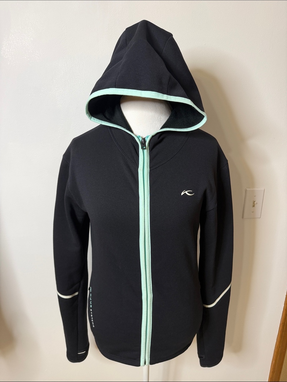 KJUS Black Hooded Zip Jacket with Mint Trim Sz 40